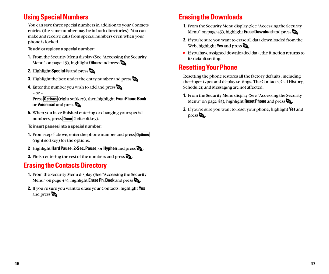 Sanyo SCP-4920 manual Using Special Numbers, Erasing the Contacts Directory, Erasing the Downloads, Resetting Your Phone 