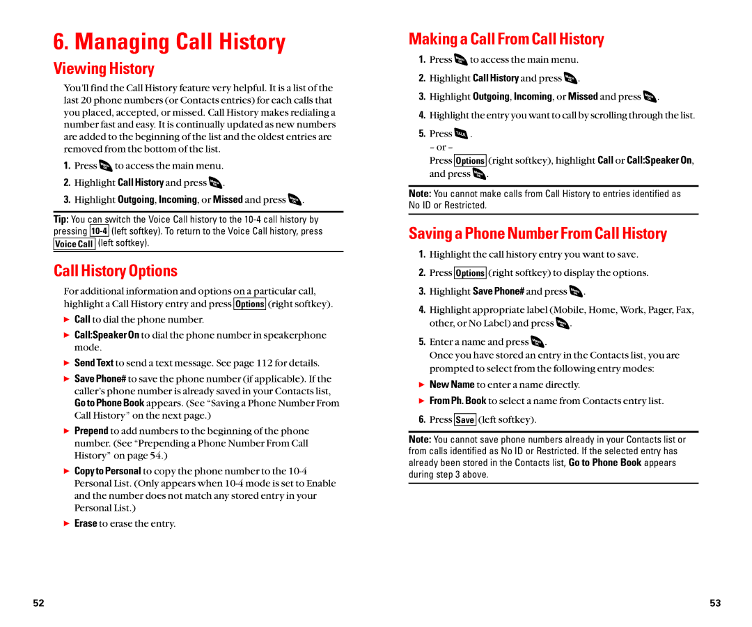 Sanyo SCP-4920 manual Managing Call History, Viewing History, Call History Options, Making a Call From Call History 