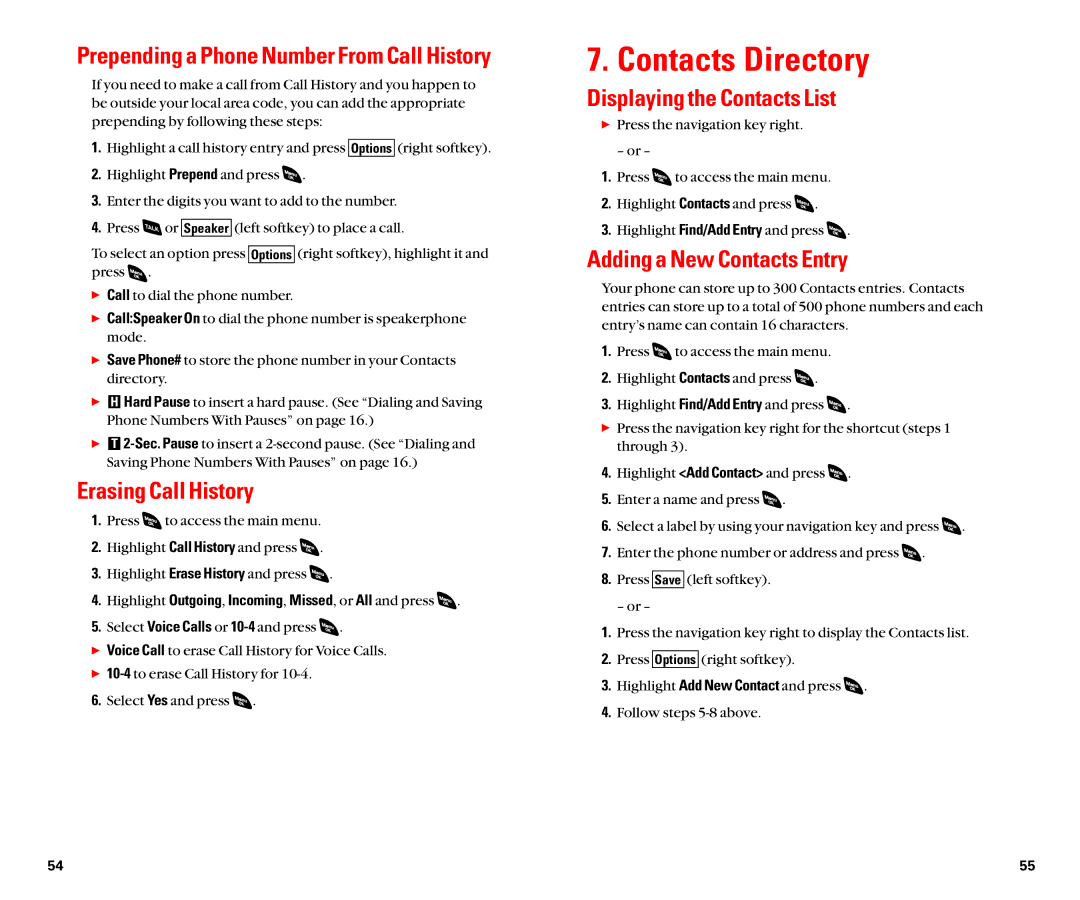 Sanyo SCP-4920 manual Contacts Directory, Erasing Call History, Displaying the Contacts List, Adding a New Contacts Entry 