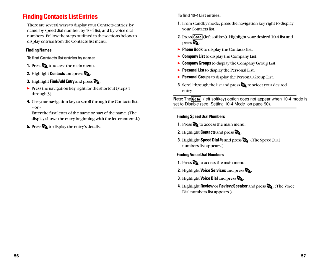 Sanyo SCP-4920 manual Finding Contacts List Entries, Finding Names, Finding Speed Dial Numbers, Finding Voice Dial Numbers 