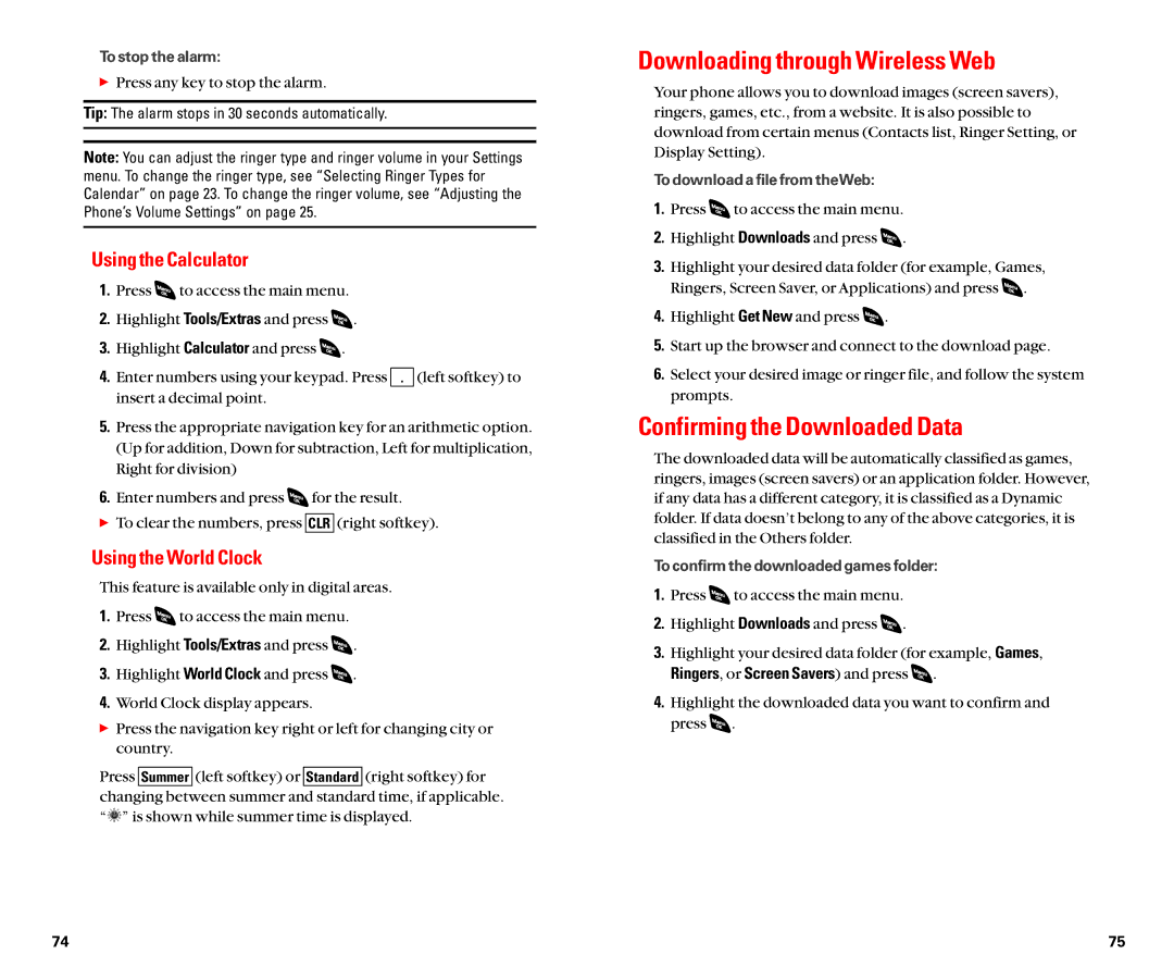 Sanyo SCP-4920 manual Downloading through Wireless Web, Confirming the Downloaded Data, Using the Calculator 