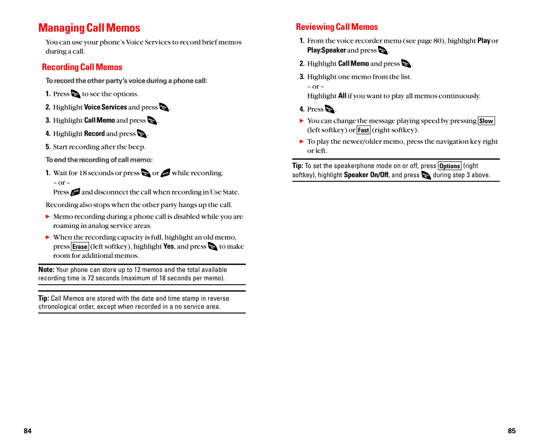 Sanyo SCP-4920 manual Managing Call Memos, Recording Call Memos, Reviewing Call Memos 