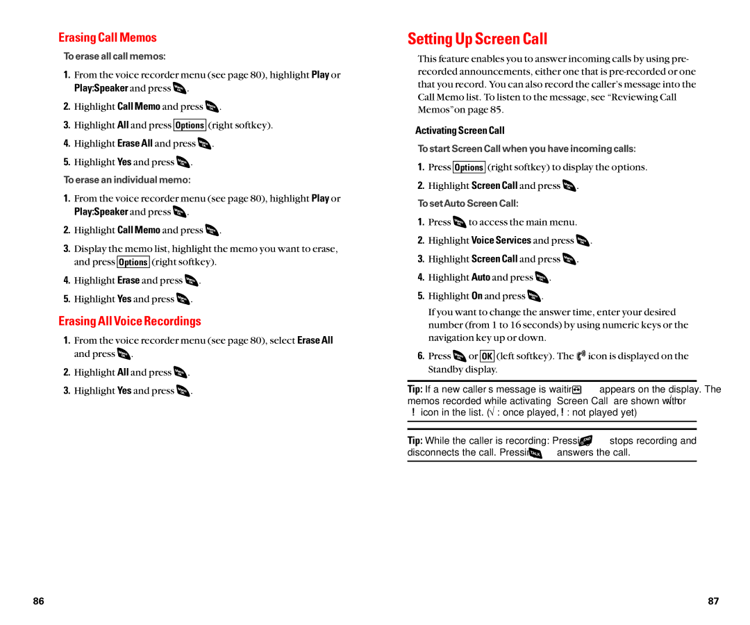 Sanyo SCP-4920 manual Setting Up Screen Call, Erasing Call Memos, Erasing All Voice Recordings, Activating Screen Call 