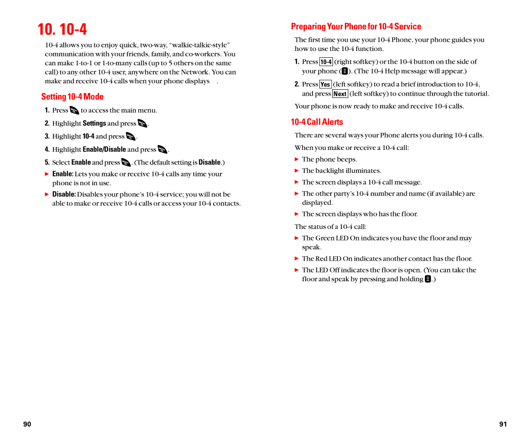 Sanyo SCP-4920 manual Setting 10-4 Mode, Preparing Your Phone for 10-4 Service, Call Alerts 