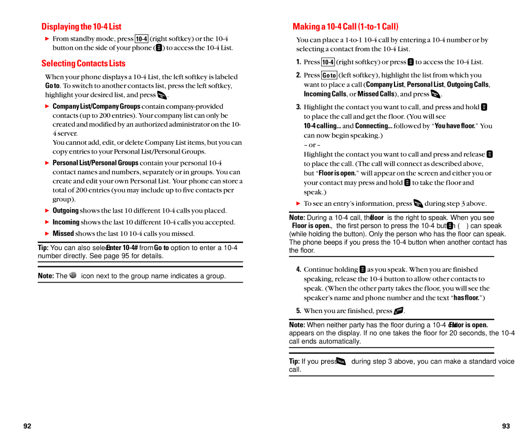 Sanyo SCP-4920 manual Displaying the 10-4 List, Selecting Contacts Lists, Making a 10-4 Call 1-to-1 Call 