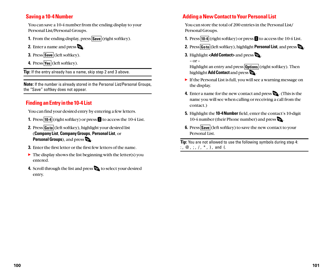 Sanyo SCP-4920 manual Saving a 10-4 Number, Adding a New Contact to Your Personal List, Finding an Entry in the 10-4 List 