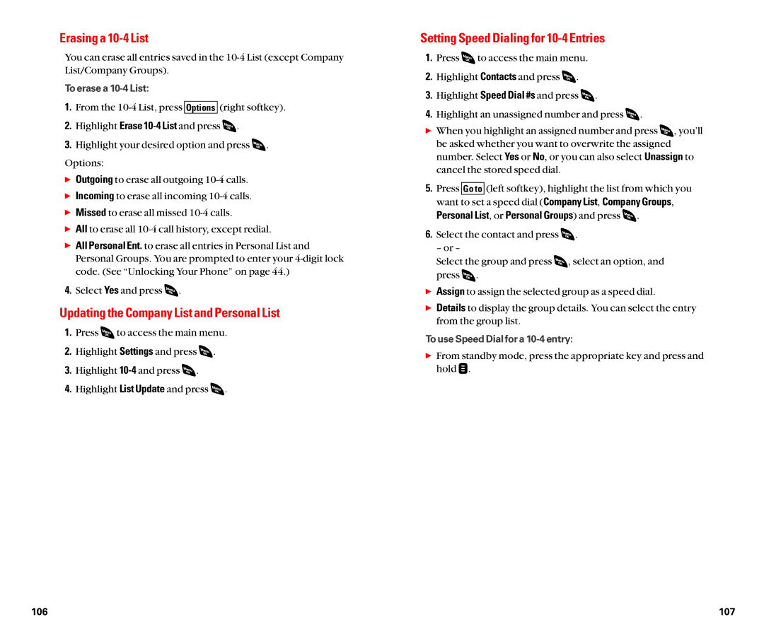 Sanyo SCP-4920 Erasing a 10-4 List, Updating the Company List and Personal List, Setting Speed Dialing for 10-4 Entries 