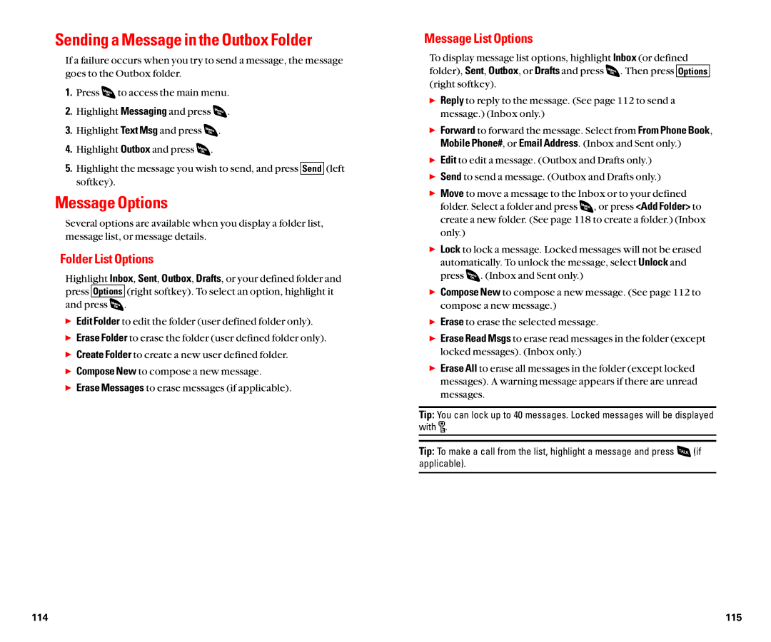 Sanyo SCP-4920 manual Sending a Message in the Outbox Folder, Message Options, Folder List Options, Message List Options 