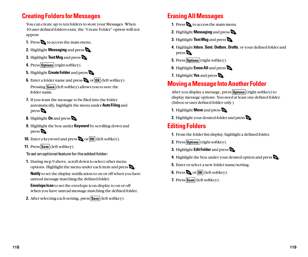 Sanyo SCP-4920 Creating Folders for Messages, Erasing All Messages, Moving a Message Into Another Folder, Editing Folders 