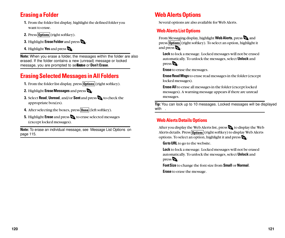 Sanyo SCP-4920 Erasing a Folder, Erasing Selected Messages in All Folders, Web Alerts Options, Web Alerts List Options 