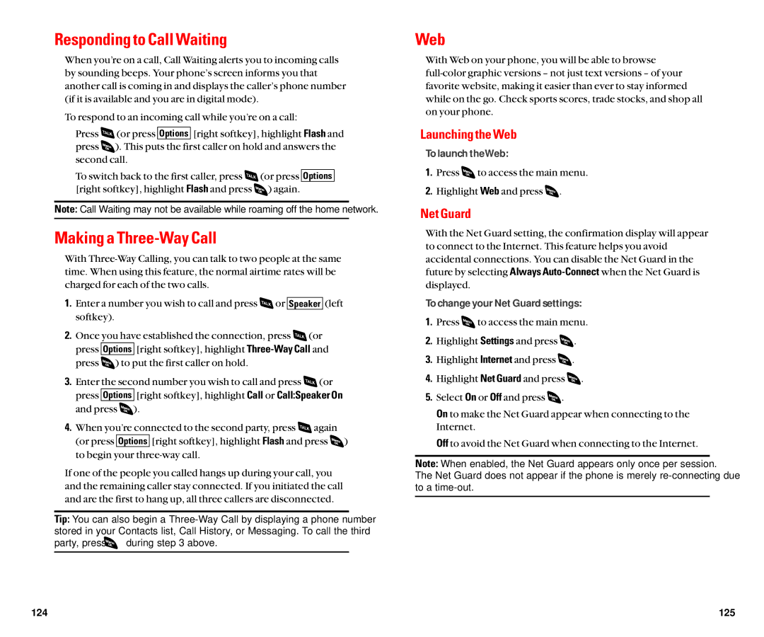 Sanyo SCP-4920 manual Responding to Call Waiting, Making a Three-Way Call, Launching the Web, Net Guard 