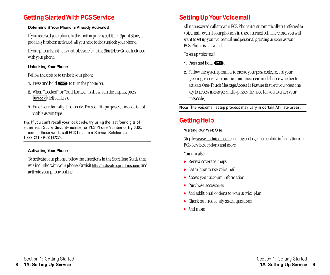 Sanyo SCP-6400 manual Getting Started With PCS Service, Setting Up Your Voicemail, Getting Help 