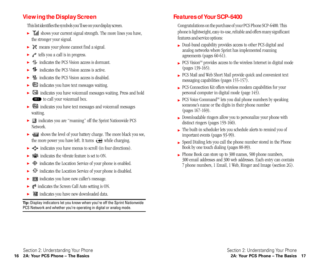 Sanyo manual Viewing the Display Screen, Features of Your SCP-6400 