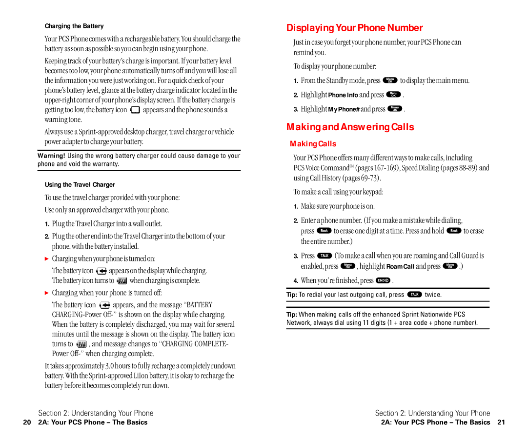 Sanyo SCP-6400 manual Displaying Your Phone Number, Making and Answering Calls, Making Calls, Charging the Battery 