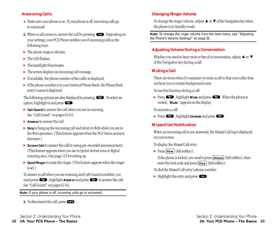 Sanyo SCP-6400 manual Answering Calls, Changing Ringer Volume, Adjusting Volume During a Conversation, Muting a Call 