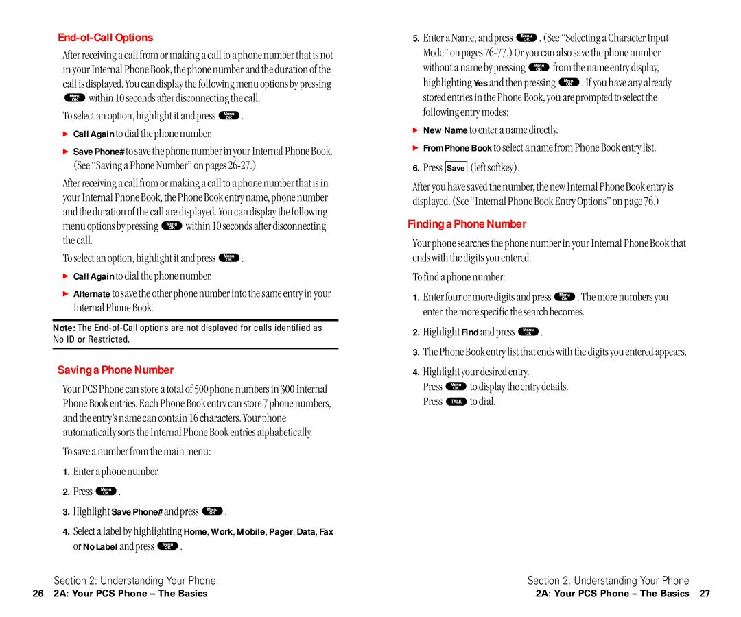 Sanyo SCP-6400 manual End-of-Call Options, Saving a Phone Number, Finding a Phone Number, Highlight Find and press 
