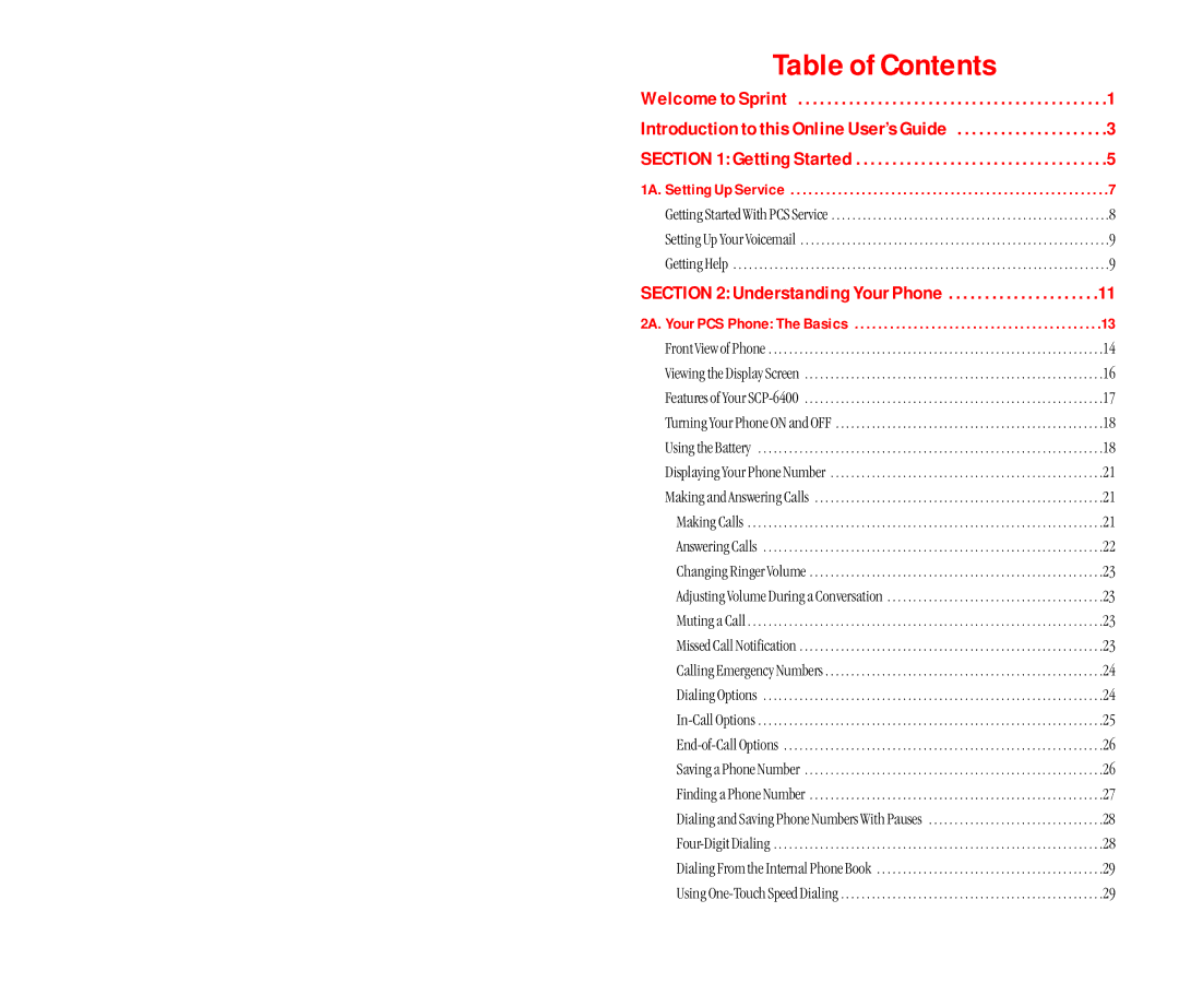 Sanyo SCP-6400 manual Table of Contents 