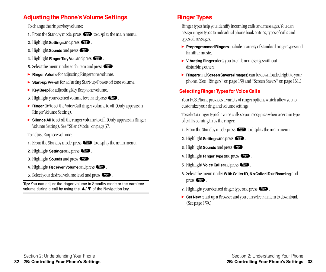 Sanyo SCP-6400 manual Adjusting the Phone’s Volume Settings, Selecting Ringer Types for Voice Calls 