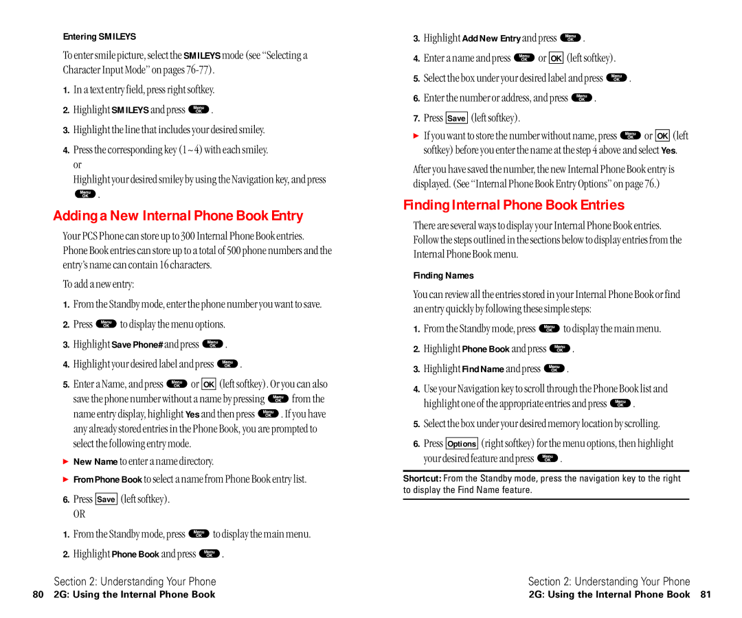 Sanyo SCP-6400 manual Adding a New Internal Phone Book Entry, Finding Internal Phone Book Entries, Entering Smileys 