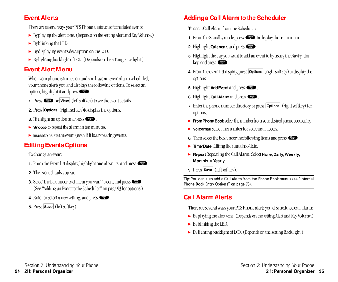 Sanyo SCP-6400 manual Event Alerts, Event Alert Menu, Editing Events Options, Adding a Call Alarm to the Scheduler 