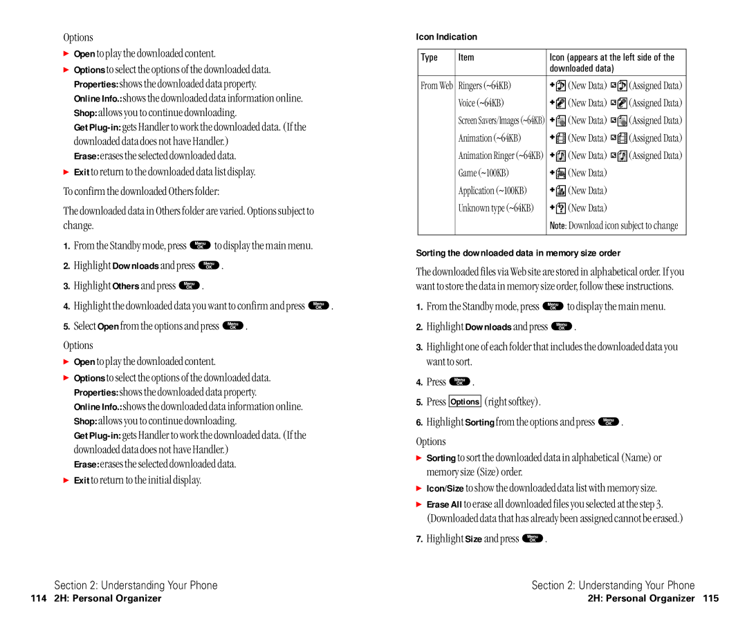 Sanyo SCP-6400 manual  Open to play the downloaded content, Sorting the downloaded data in memory size order 