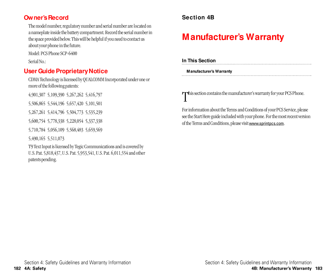 Sanyo manual Manufacturer’s Warranty, Owner’s Record, User Guide Proprietary Notice, Model PCS Phone SCP-6400 Serial No 