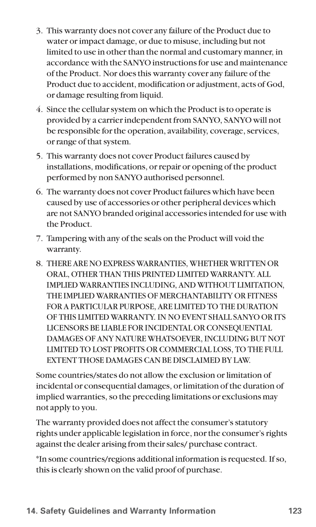 Sanyo SCP-6600 manual Safety Guidelines and Warranty Information 123 