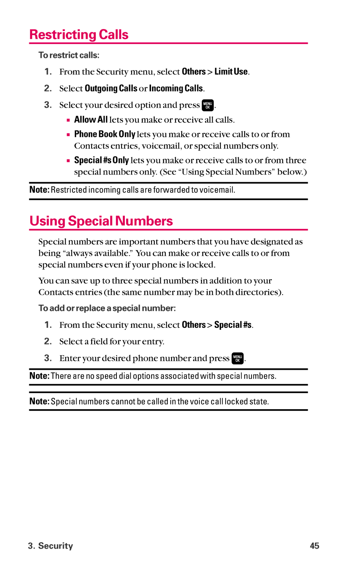 Sanyo SCP-6600 manual Restricting Calls, Using Special Numbers, Select Outgoing Calls or Incoming Calls 