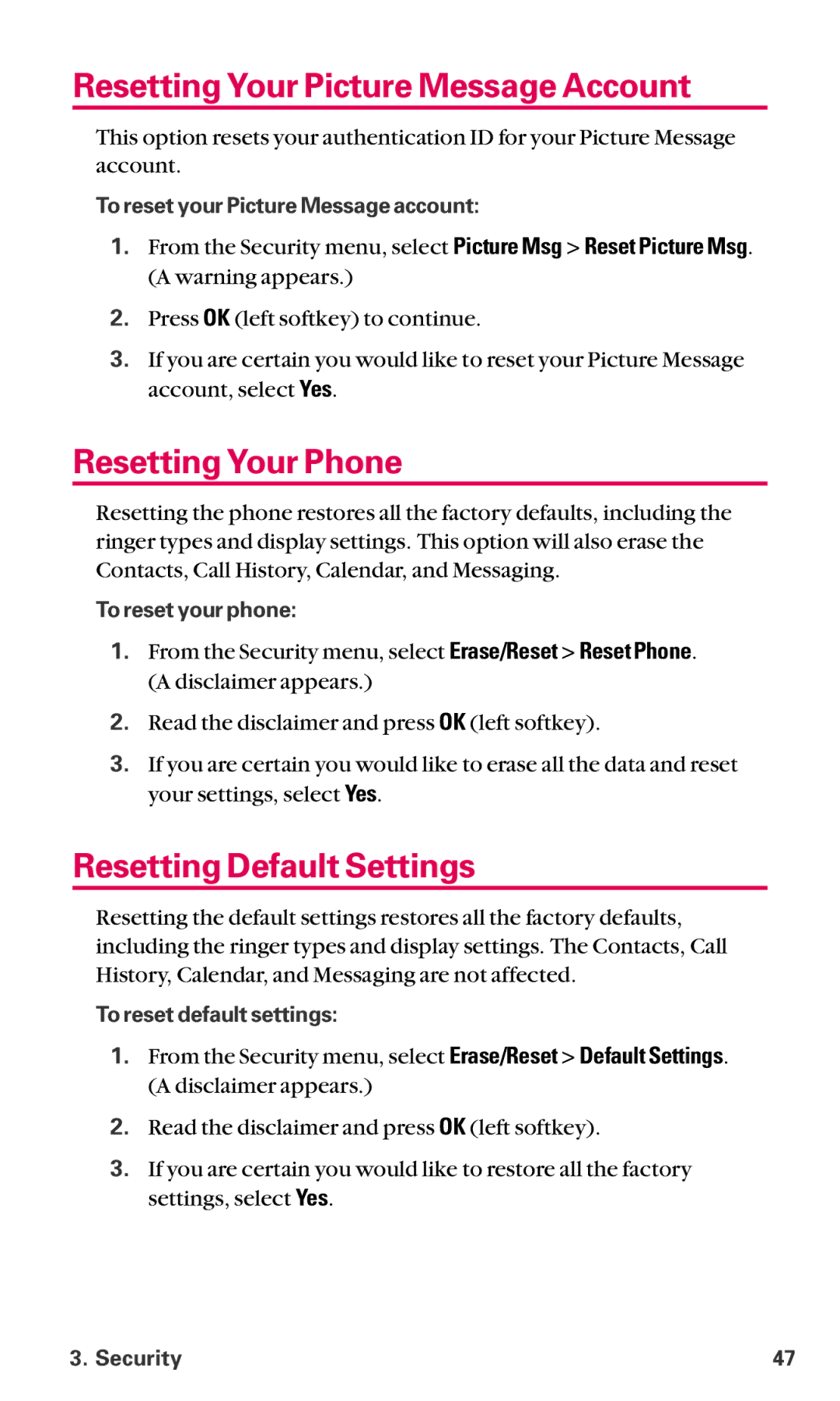 Sanyo SCP-6600 manual Resetting Your Picture Message Account, Resetting Your Phone, Resetting Default Settings 