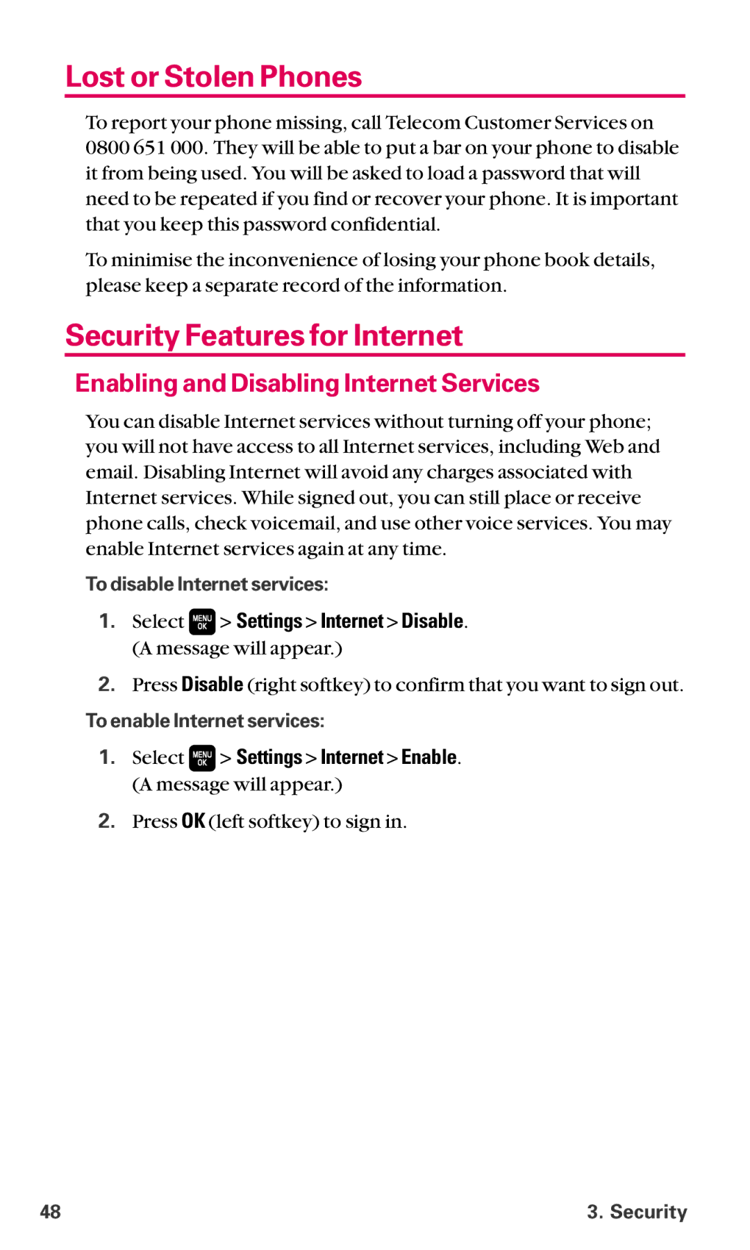 Sanyo SCP-6600 manual Lost or Stolen Phones, Security Features for Internet, Enabling and Disabling Internet Services 