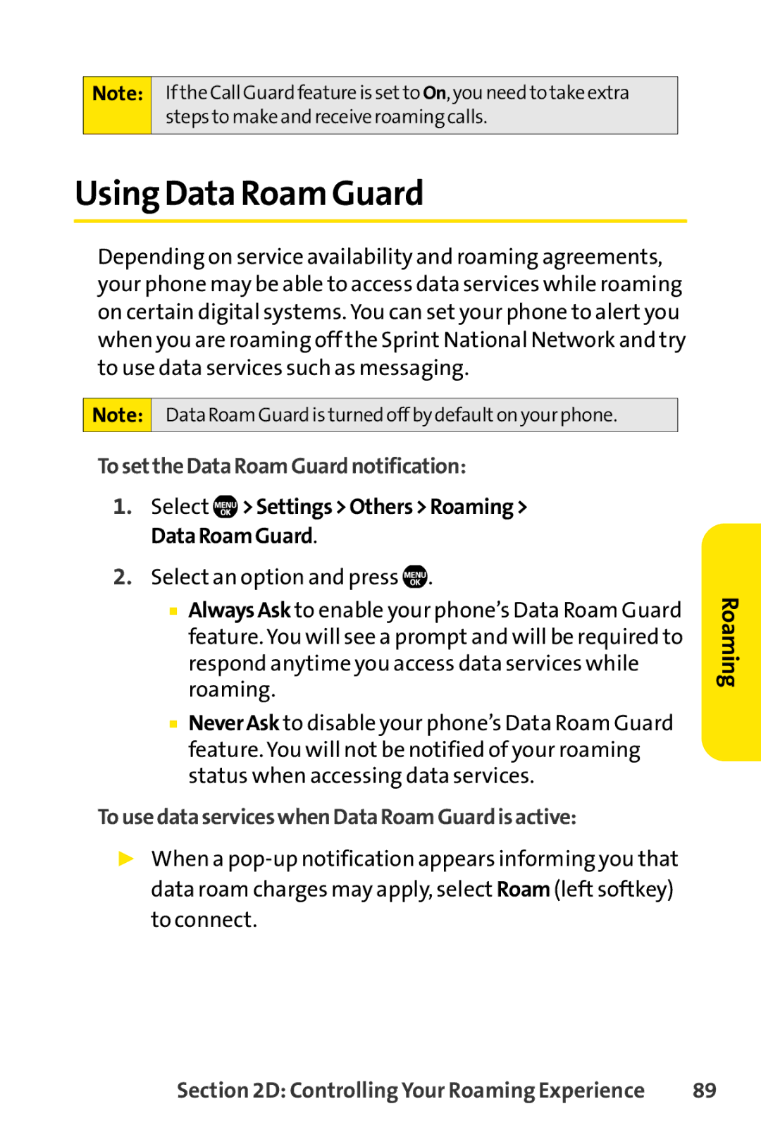 Sanyo Sanyo manual Using Data Roam Guard, TosettheDataRoamGuardnotification, TousedataserviceswhenDataRoamGuardisactive 