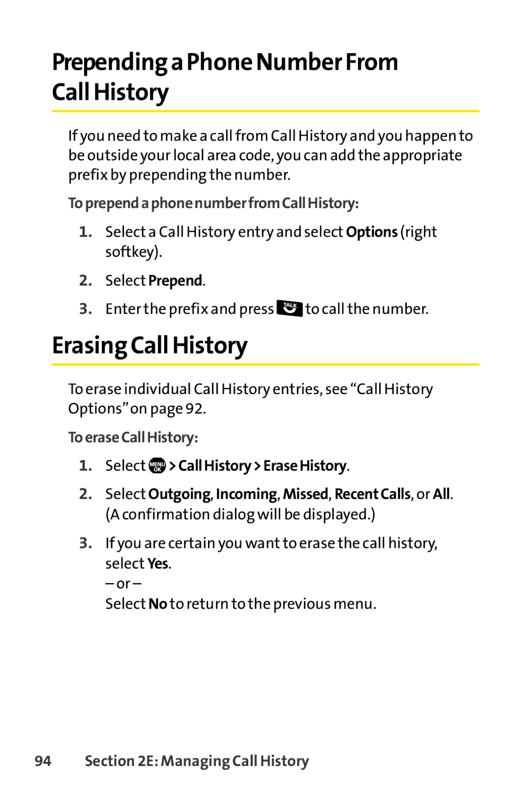 Sanyo SCP-6650KTB Prepending a Phone Number From Call History, Erasing Call History, ToprependaphonenumberfromCallHistory 