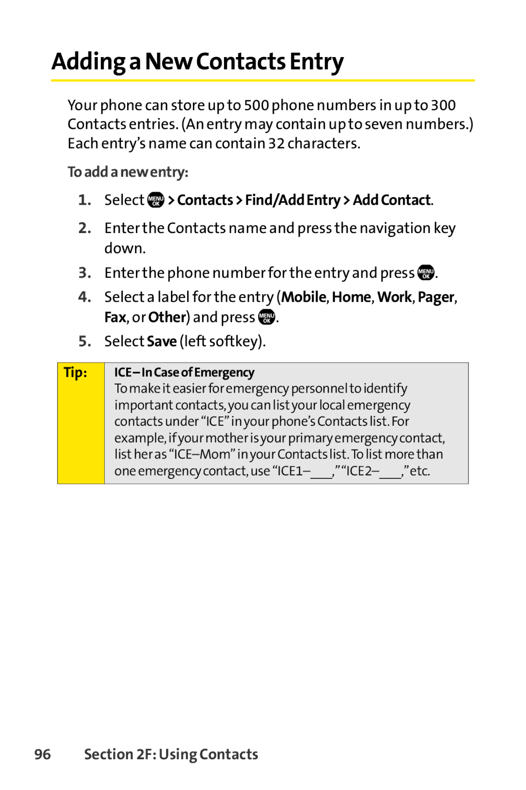 Sanyo SCP-6650KTB Adding a New Contacts Entry, Toaddanewentry, Select ContactsFind/AddEntryAddContact, Using Contacts 