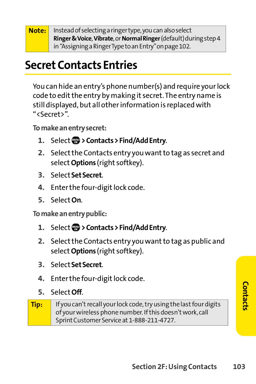 Sanyo Sanyo, SCP-6650KTB manual SecretContacts Entries, Tomakeanentrysecret, Select SetSecret, Tomakeanentrypublic, 103 