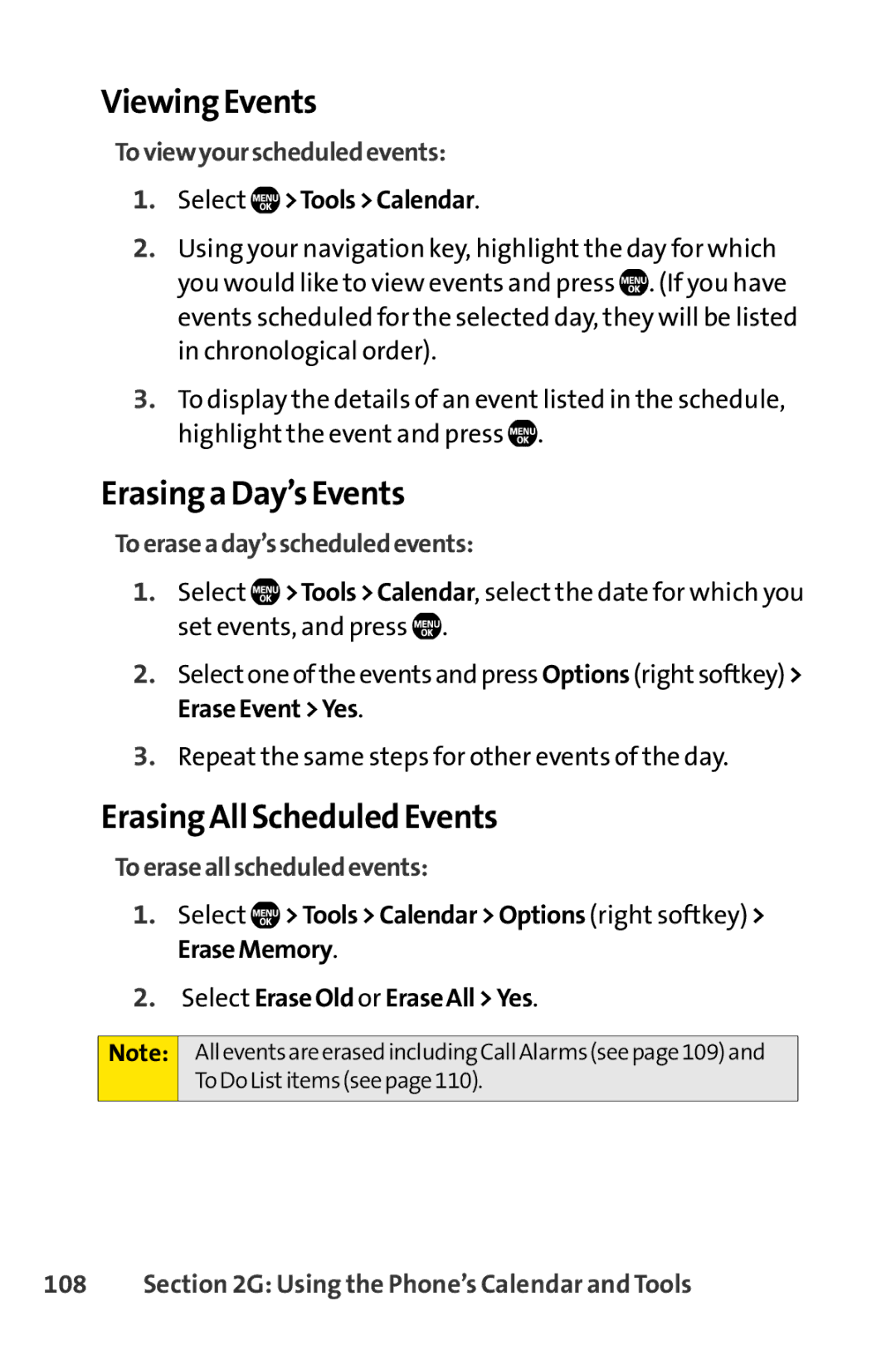 Sanyo SCP-6650KTB, Sanyo manual Viewing Events, Erasing a Day’s Events, Erasing All Scheduled Events 