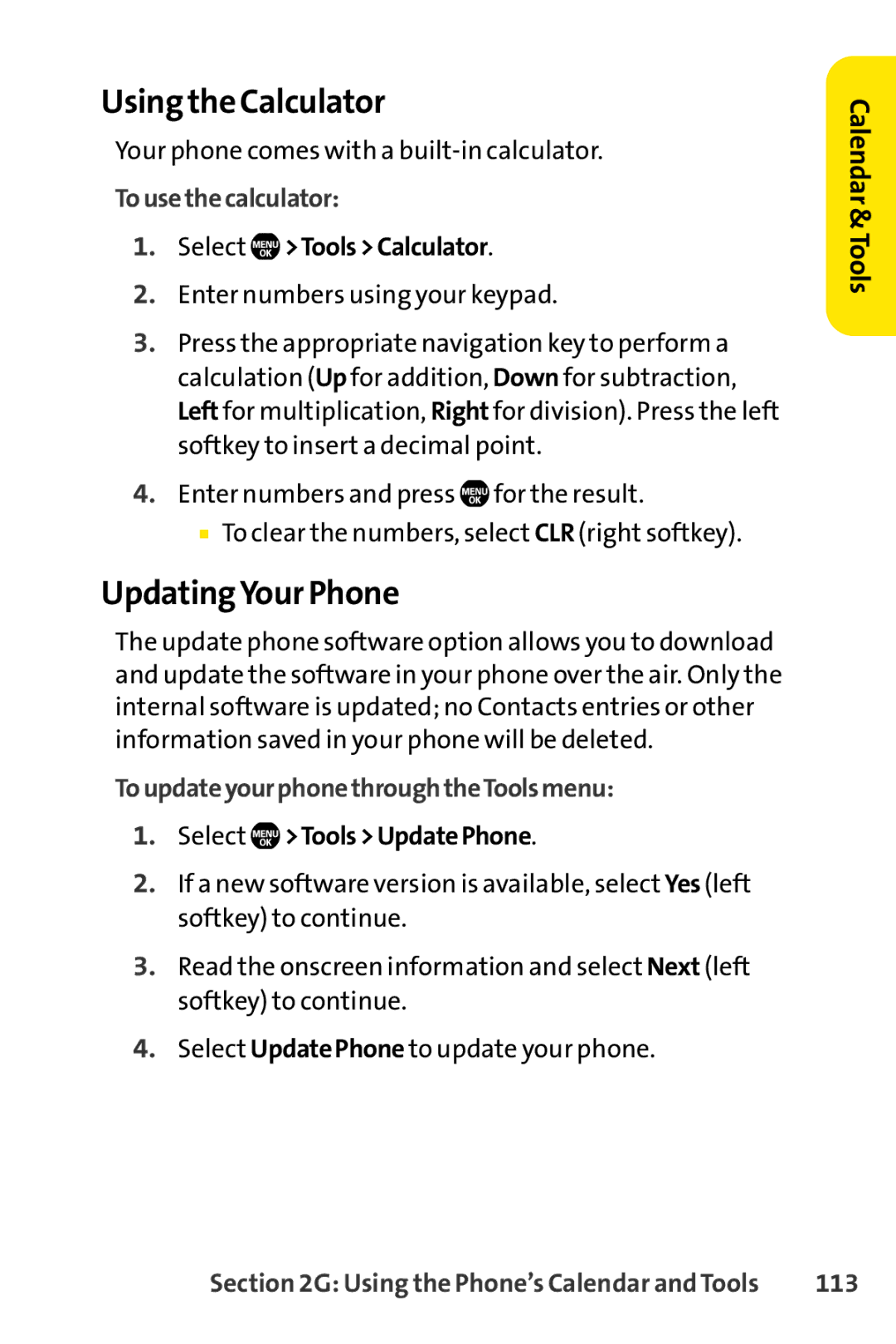 Sanyo Sanyo manual Using the Calculator, UpdatingYour Phone, Tousethecalculator, ToupdateyourphonethroughtheToolsmenu, 113 