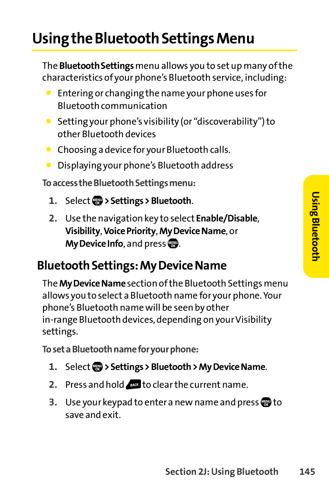 Sanyo Sanyo Using the Bluetooth Settings Menu, Bluetooth Settings My Device Name, ToaccesstheBluetoothSettingsmenu, 145 