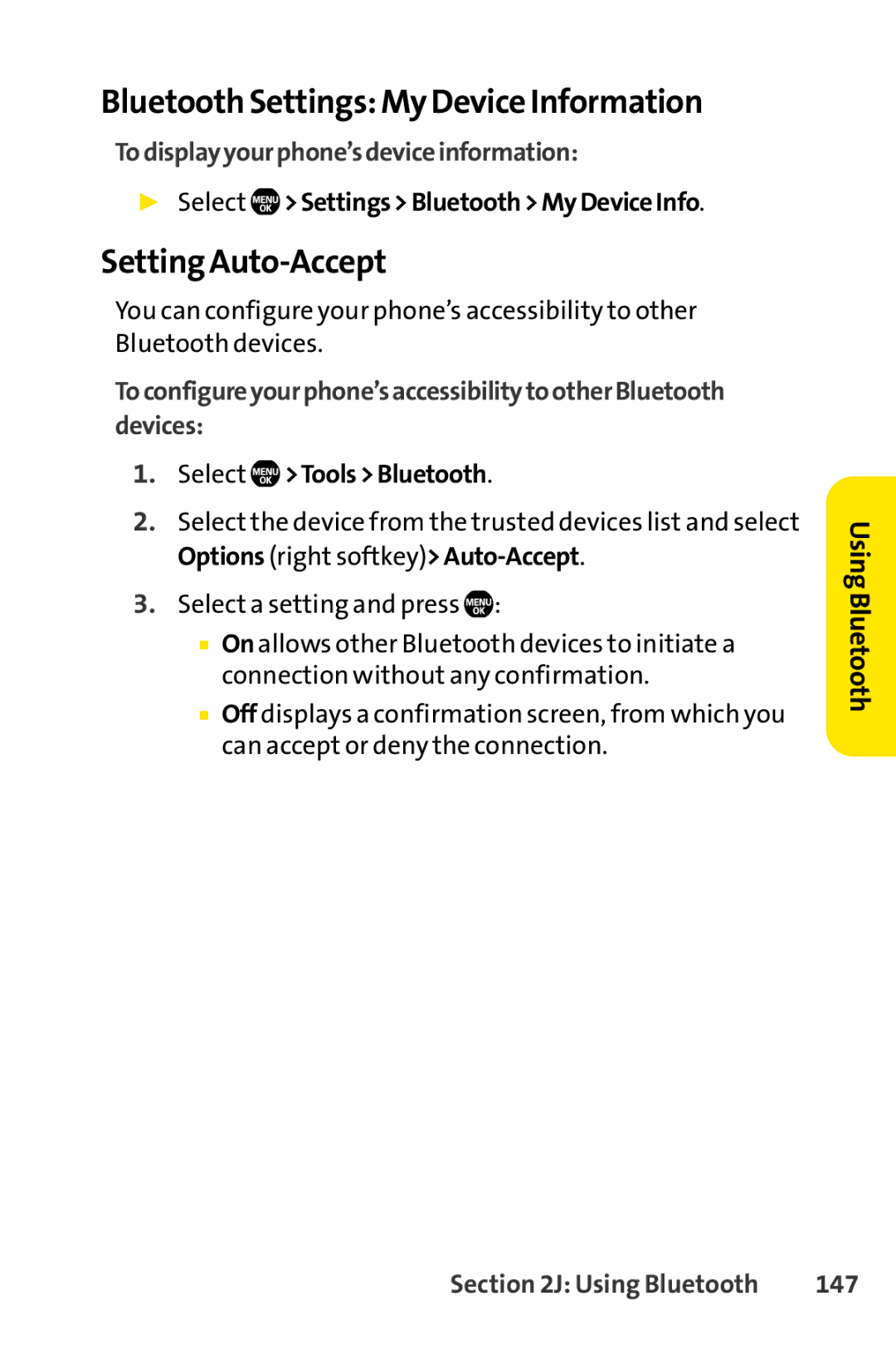 Sanyo Sanyo Bluetooth Settings My Device Information, Setting Auto-Accept, Todisplayyourphone’sdeviceinformation, 147 