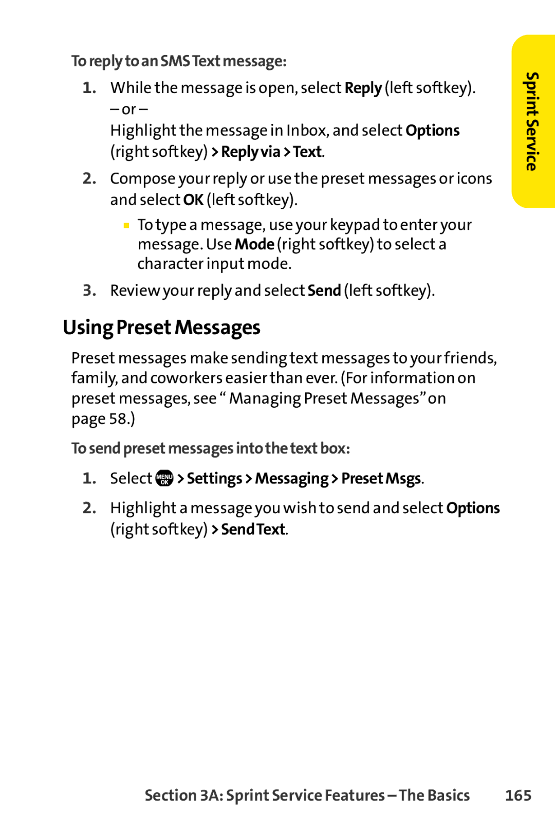 Sanyo Sanyo, SCP-6650KTB manual Using PresetMessages, ToreplytoanSMSTextmessage, Tosendpresetmessagesintothetextbox, 165 