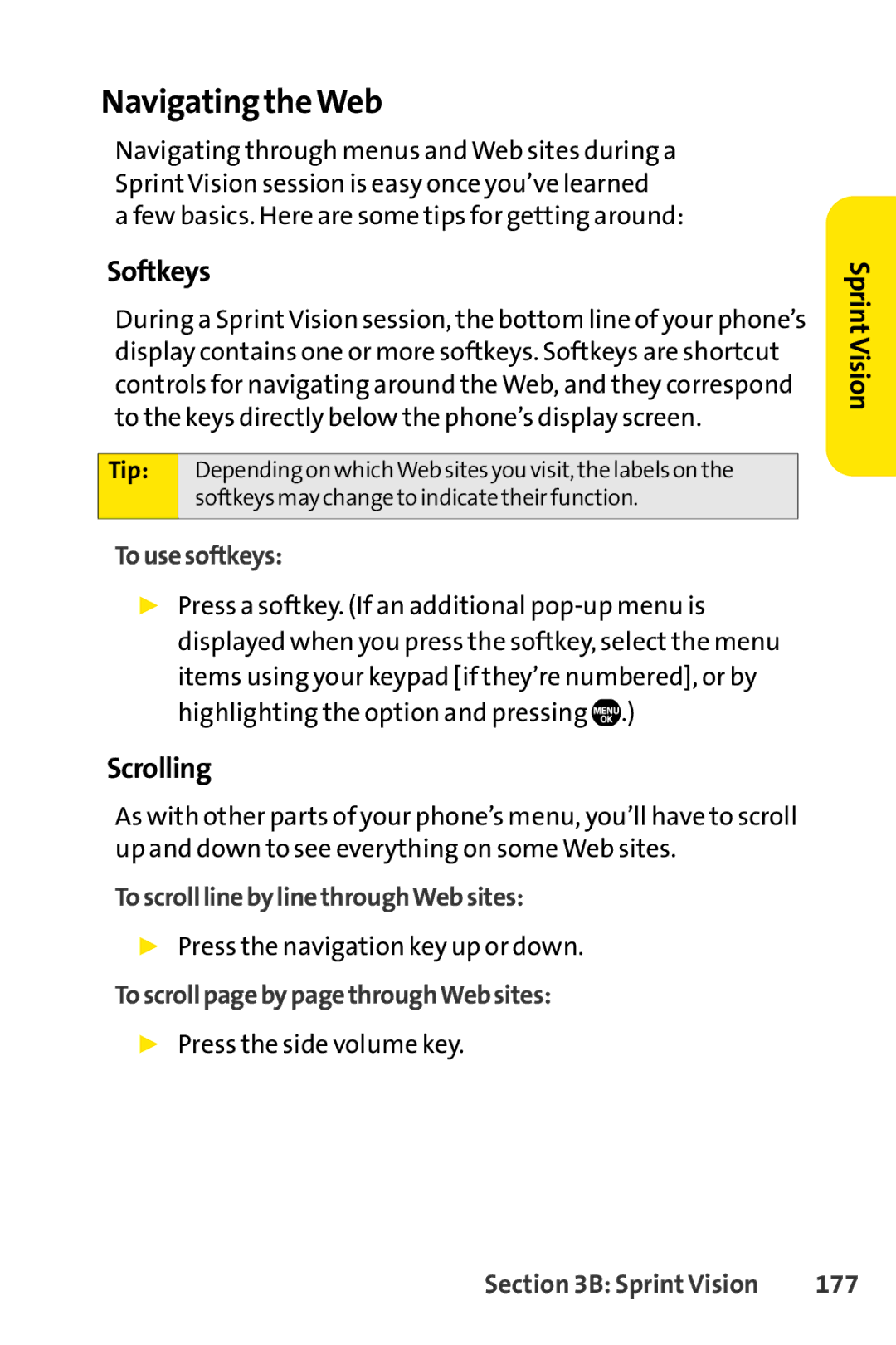 Sanyo Sanyo, SCP-6650KTB manual Navigating theWeb, Softkeys, Scrolling 