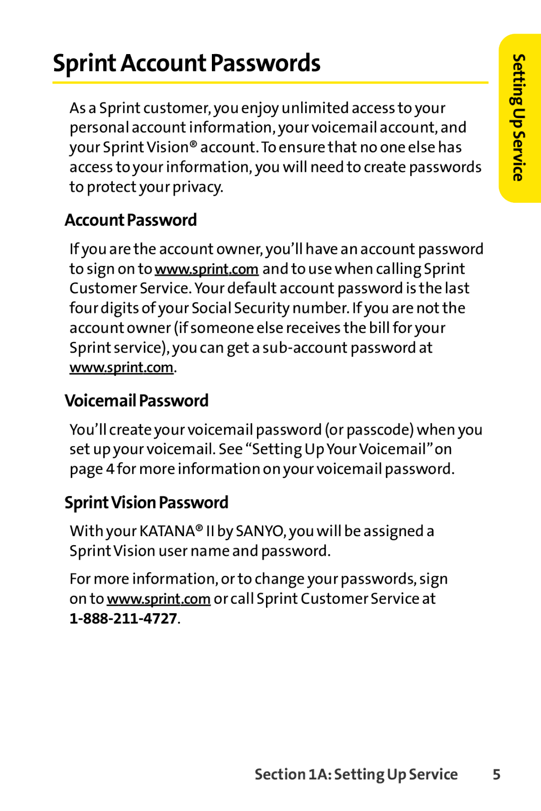 Sanyo Sanyo, SCP-6650KTB manual Sprint Account Passwords, Account Password VoicemailPassword, SprintVisionPassword 