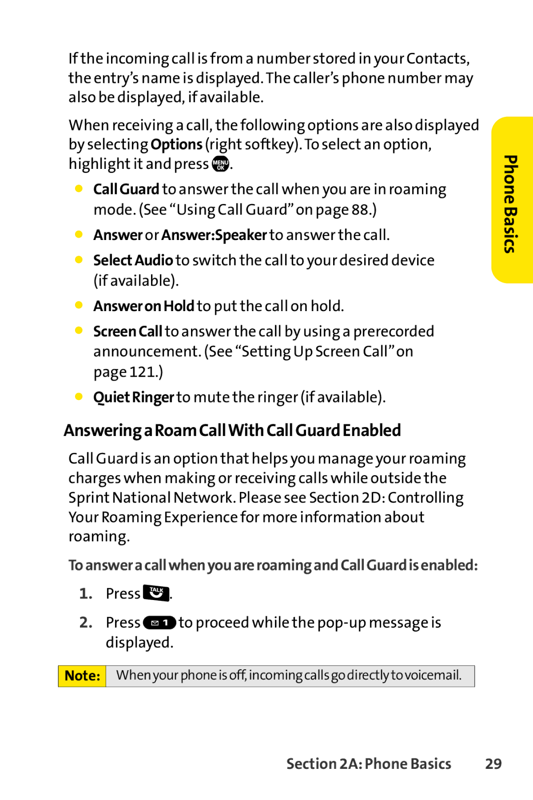 Sanyo Sanyo, SCP-6650KTB manual AnsweringaRoamCallWithCallGuardEnabled, Answer or AnswerSpeaker to answer the call 