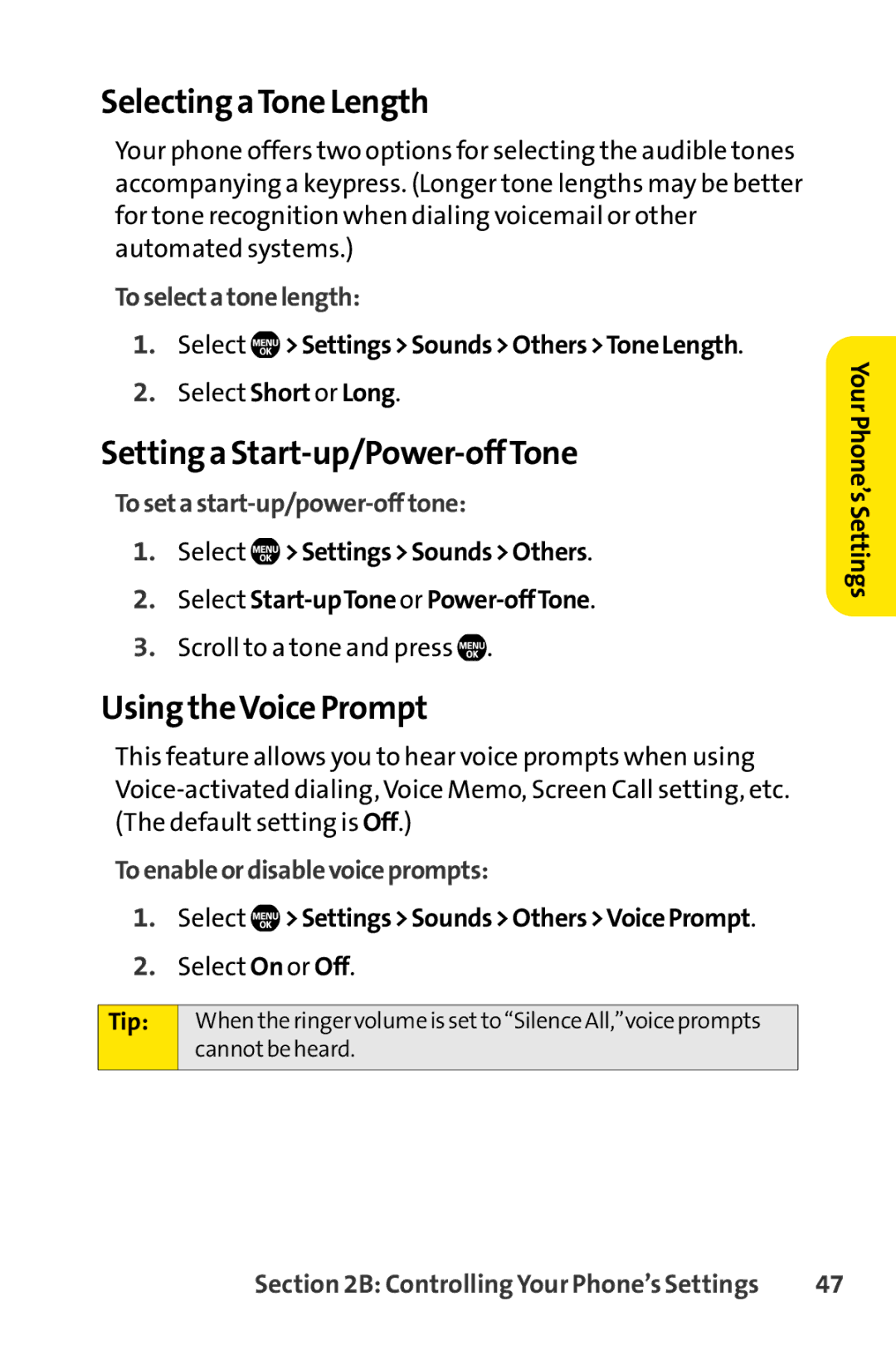 Sanyo Sanyo, SCP-6650KTB manual Selecting aTone Length, Setting a Start-up/Power-offTone, Using theVoice Prompt 