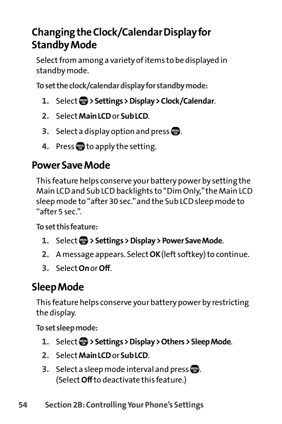 Sanyo SCP-6650KTB, Sanyo manual Changing the Clock/Calendar Display for Standby Mode, Power Save Mode, Sleep Mode 