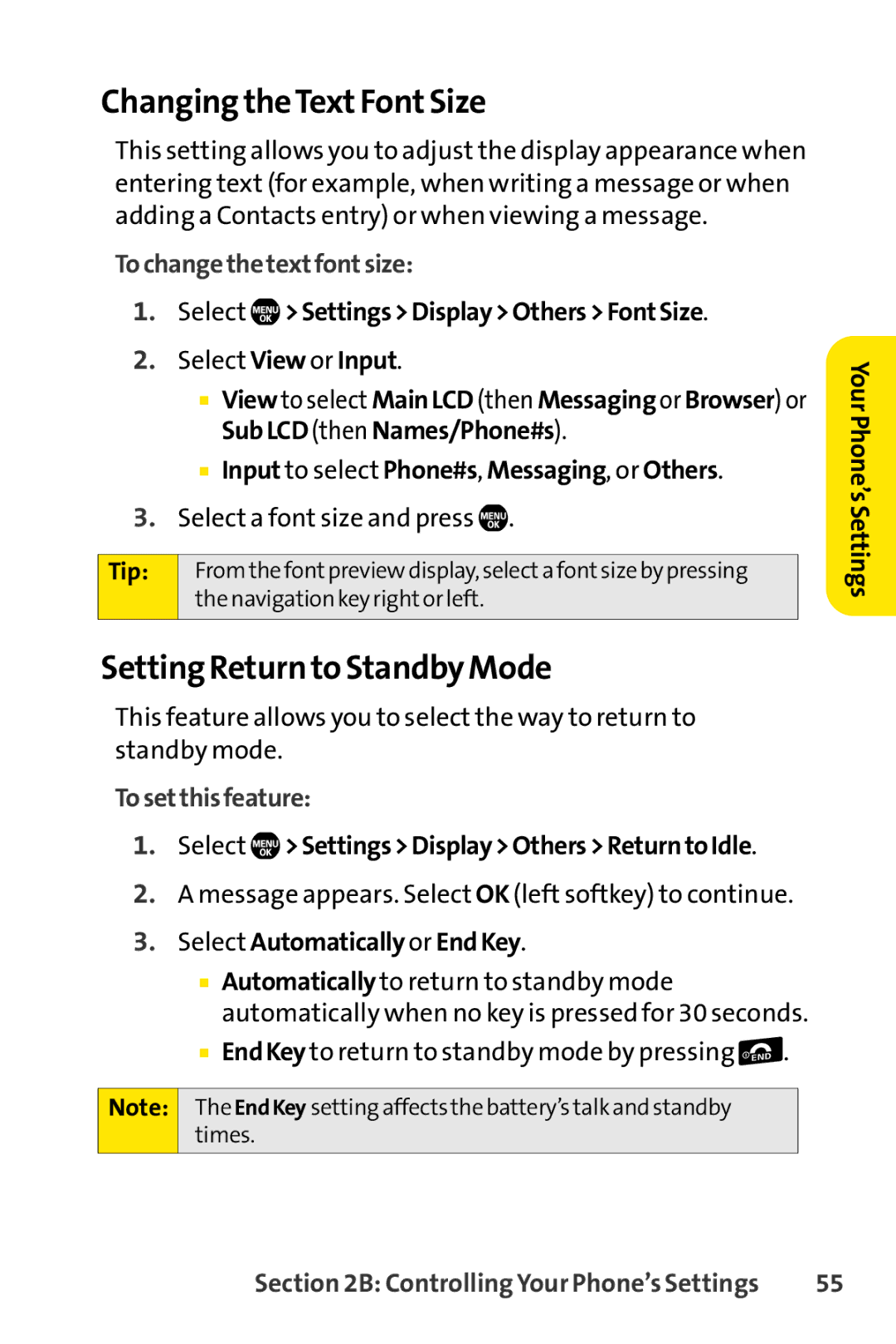 Sanyo Sanyo, SCP-6650KTB manual Changing theTextFontSize, Setting Return to Standby Mode, Tochangethetextfontsize 