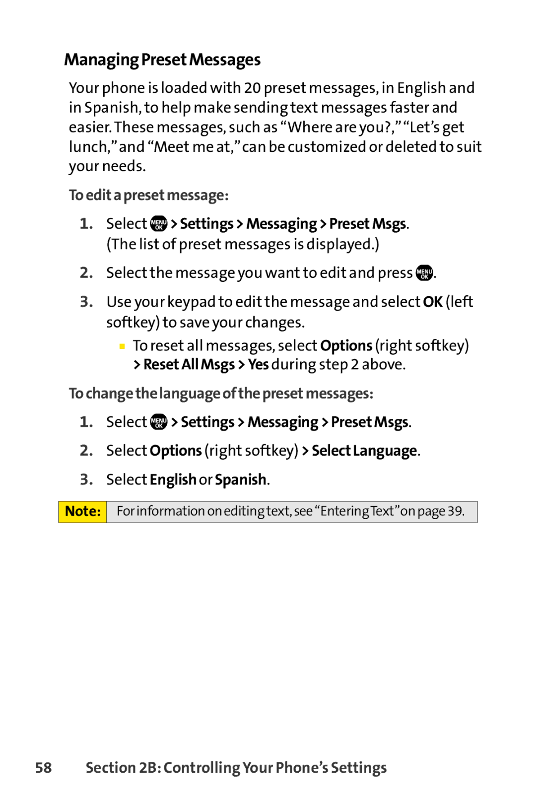 Sanyo SCP-6650KTB, Sanyo manual ManagingPresetMessages, Toeditapresetmessage, Tochangethelanguageofthepresetmessages 