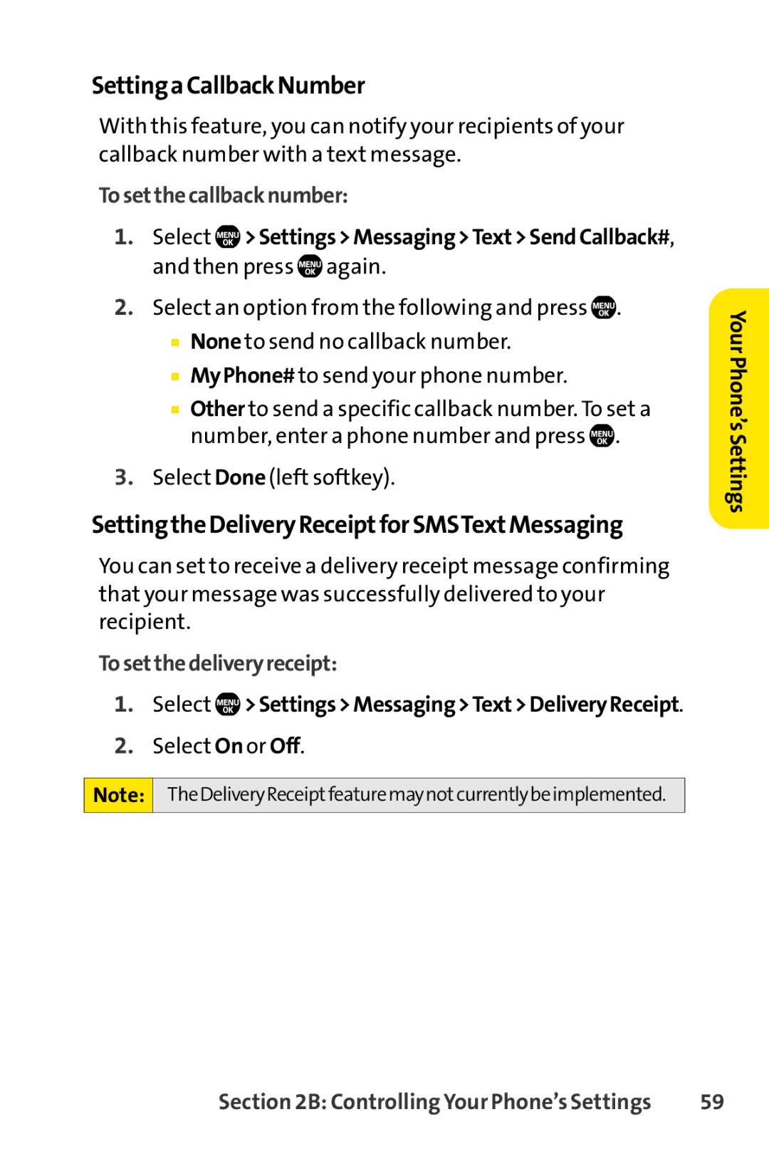 Sanyo Sanyo, SCP-6650KTB manual SettingaCallbackNumber, SettingtheDeliveryReceiptforSMSTextMessaging, Tosetthecallbacknumber 