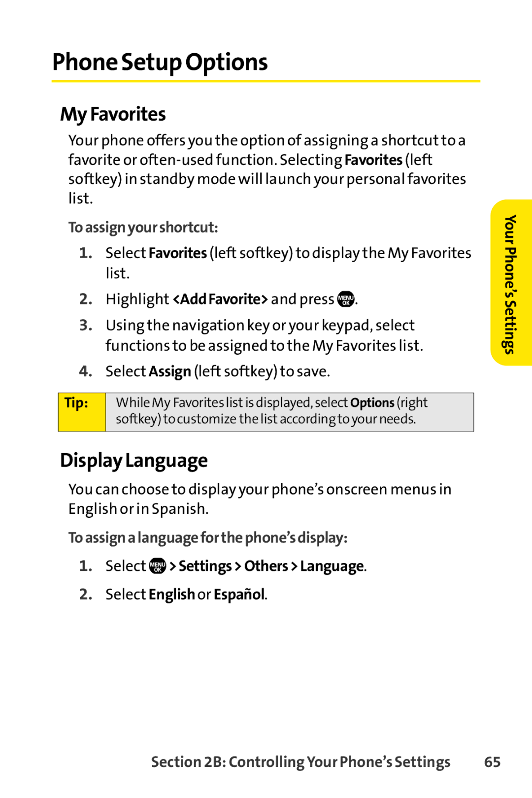 Sanyo Sanyo, SCP-6650KTB manual Phone Setup Options, My Favorites, Display Language, Toassignyourshortcut 