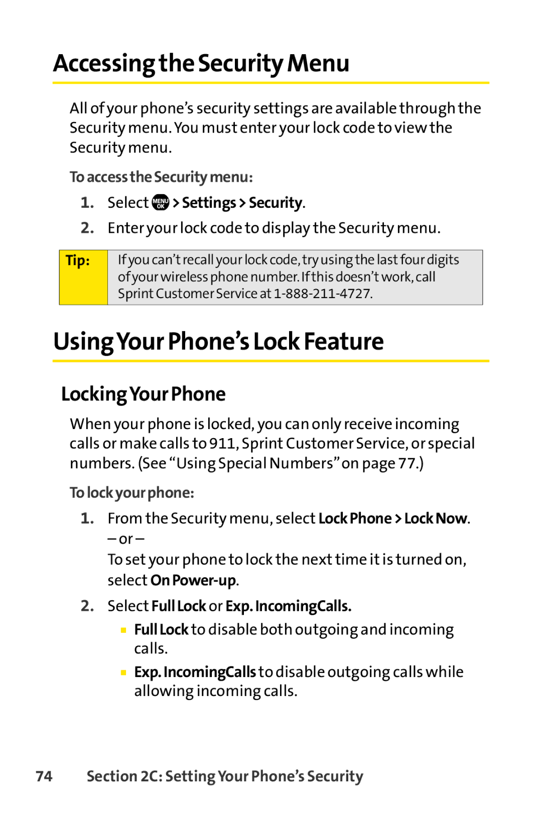 Sanyo SCP-6650KTB, Sanyo manual Accessing the Security Menu, UsingYour Phone’s Lock Feature, LockingYour Phone 