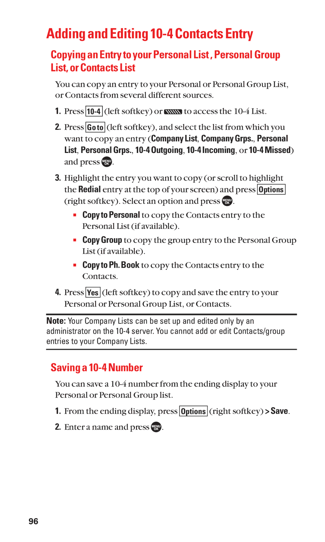 Sanyo SCP-7050 manual Adding and Editing 10-4 Contacts Entry, Saving a 10-4 Number, Right softkey Save 